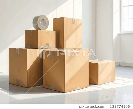 裝滿室內整理和收納雜物的紙箱圖片 135774106