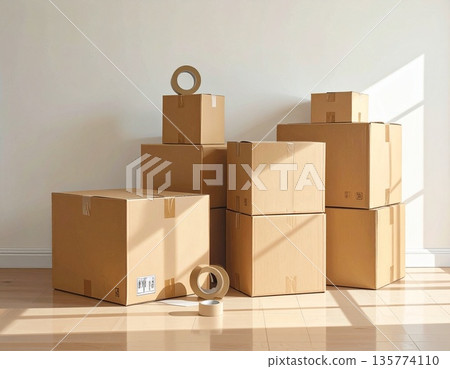 裝滿室內整理和收納雜物的紙箱圖片 135774110