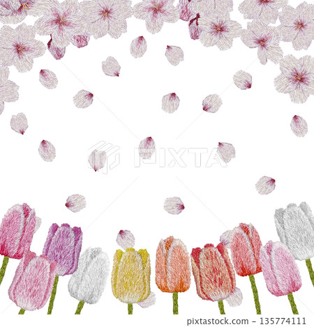 【櫻花與彩色鬱金香相框】手工刺繡插畫材質 135774111