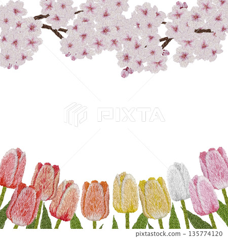 [Cherry Blossom and Colorful Tulip Frame] Hand-embroidered illustration material 135774120