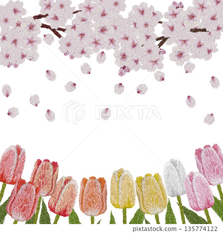 [Cherry Blossom and Colorful Tulip Frame] Hand-embroidered illustration material 135774122