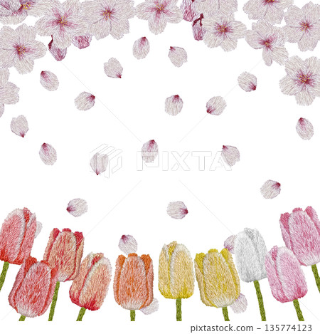[Cherry Blossom and Colorful Tulip Frame] Hand-embroidered illustration material 135774123