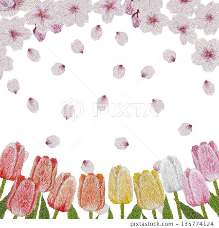 [Cherry Blossom and Colorful Tulip Frame] Hand-embroidered illustration material 135774124