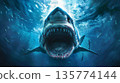 Ocean shark open toothy dangerous mouth with many teeth. 135774144