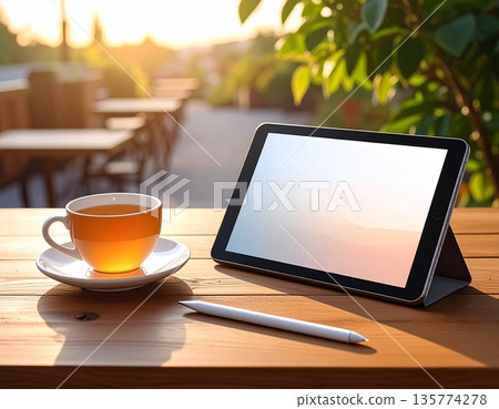 一組擺放在溫暖木桌上的數位設備靜物，光影交錯，美不勝收。 135774278