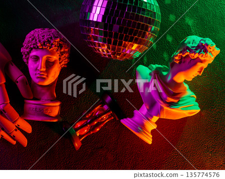 Classical Greek Sculpture Busts with Disco Ball under Vibrant Neon Lighting Retro Party Classical Greek Sculpture Busts with Disco Ball under Vibrant Neon Lighting Retro Party 135774576