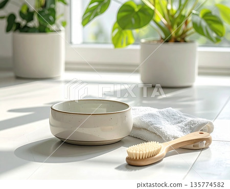 A wooden body brush and ceramic bowl placed on a windowsill where morning light pours in 135774582