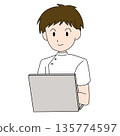 Illustration of a male medical worker working on a computer 135774597