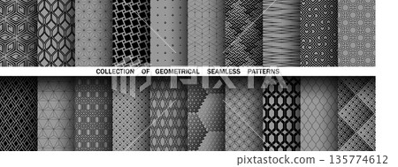 Geometric set of seamless black and white patterns. Simple vector graphics. Geometric set of seamless black and white patterns. Simple vector graphics. 135774612