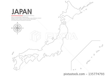 1. Japan line map. A map of Japan. A map of Japan on a black line on a white margin. 135774793