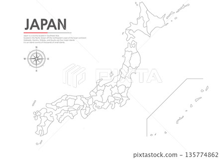 A map of Japan showing the regional boundaries with black lines against a white background. A map of Japan showing the regional boundaries with black lines against a white background. 135774862