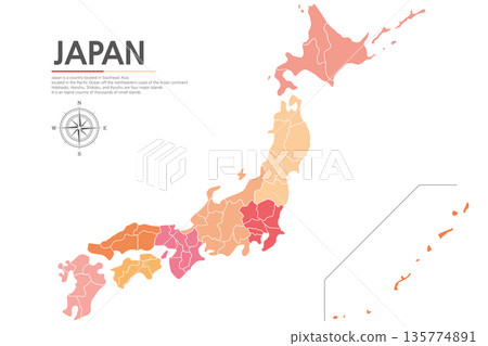 A map of Japan showing the regional boundaries in red. A map of Japan showing the regional boundaries in red. 135774891