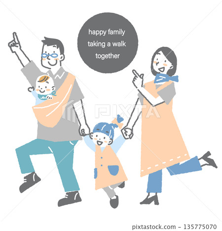 一個年輕的家庭外出遊玩，臉上洋溢著笑容。畫面簡潔時尚，筆觸柔和。 135775070