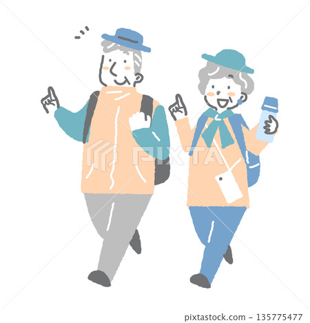A smiling senior couple enjoying a trip. A simple and stylish illustration with a soft touch. 135775477