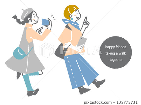 一位年輕女子與朋友們外出遊玩。簡潔時尚的插畫,筆觸柔和。 一位年輕女子與朋友們外出遊玩。簡潔時尚的插畫,筆觸柔和。 135775731