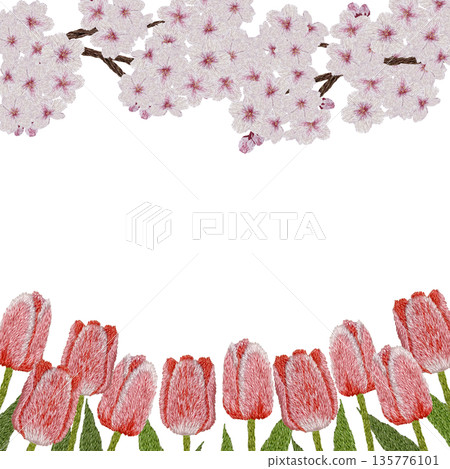 【櫻花與紅鬱金香相框】手工刺繡插畫材質 【櫻花與紅鬱金香相框】手工刺繡插畫材質 135776101
