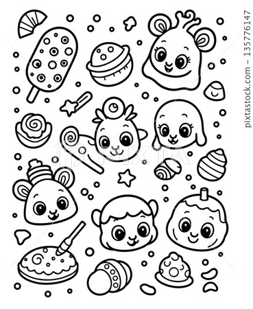 Whimsical kawaii dessert and food characters ready for coloring and creative activities Whimsical kawaii dessert and food characters ready for coloring and creative activities 135776147