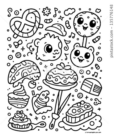 Whimsical coloring page featuring a collection of adorable food characters and desserts Whimsical coloring page featuring a collection of adorable food characters and desserts 135776148
