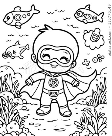 Underwater superhero baby exploring ocean floor with fish friends for coloring worksheet Underwater superhero baby exploring ocean floor with fish friends for coloring worksheet 135776149
