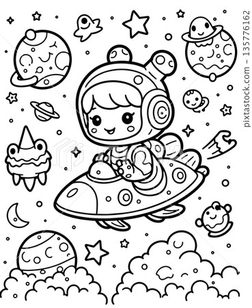 Sweet baby astronaut girl riding a flying saucer surrounded by planets and stars in space 135776162