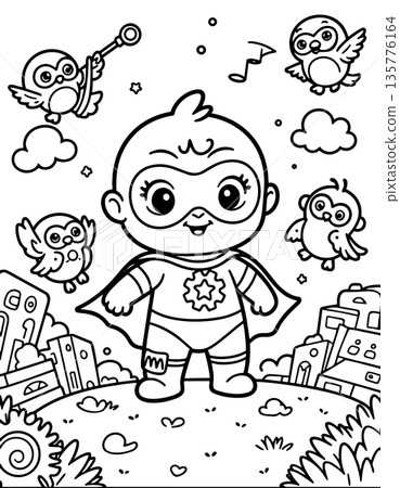 Super baby hero standing on hilltop with birds and city background for coloring activity 135776164