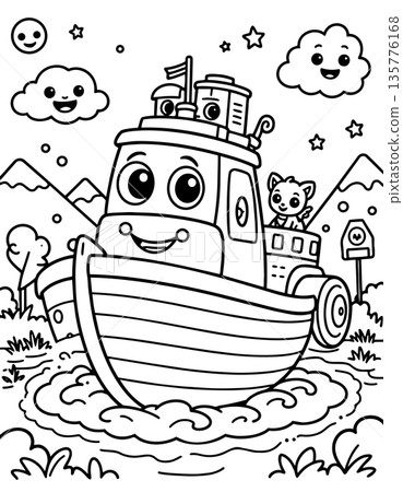 Smiling cartoon tugboat sailing water with cute animal passenger near hills 135776168