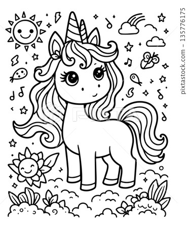 Magic unicorn standing in field with sun and music notes for children coloring book page Magic unicorn standing in field with sun and music notes for children coloring book page 135776175