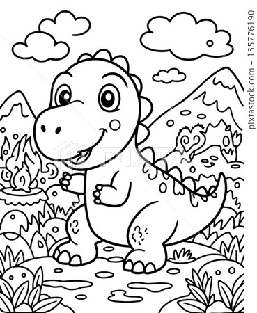 Happy cartoon tyrannosaurus rex outline for coloring page volcano background fun activity Happy cartoon tyrannosaurus rex outline for coloring page volcano background fun activity 135776190