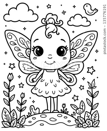 Happy baby fairy with large decorative wings standing in magical garden coloring page outline design Happy baby fairy with large decorative wings standing in magical garden coloring page outline design 135776191
