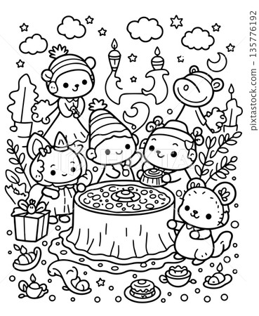 Group of happy cartoon animals around large decorated cake celebrating birthday party 135776192