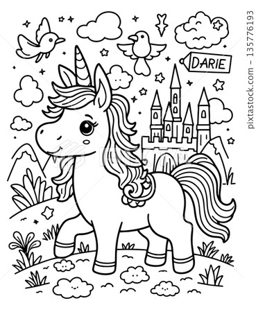 Graceful unicorn standing in front of a fairytale castle with birds flying 135776193