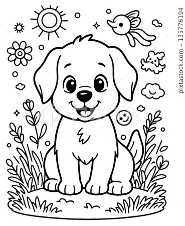 Golden retriever puppy coloring book page with birds and sun for kids creative art projects 135776194
