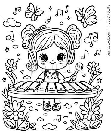 Girl playing xylophone with microphone wearing headphones and butterflies Girl playing xylophone with microphone wearing headphones and butterflies 135776195