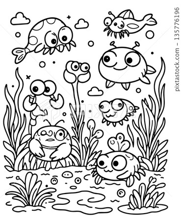 Funny underwater creatures coloring page with crabs starfish and happy sea animals Funny underwater creatures coloring page with crabs starfish and happy sea animals 135776196
