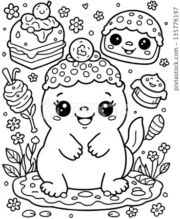 Funny kawaii creature surrounded by desserts and plants for coloring book pages Funny kawaii creature surrounded by desserts and plants for coloring book pages 135776197