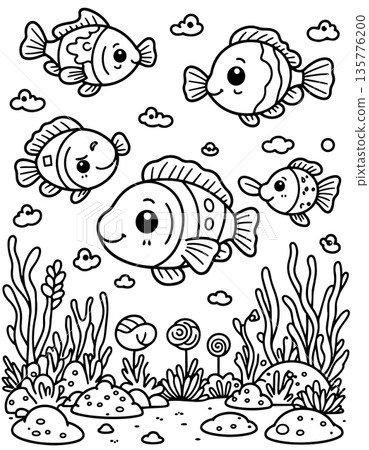Four adorable tropical fish coloring page underwater setting with ocean plants and rocks background Four adorable tropical fish coloring page underwater setting with ocean plants and rocks background 135776200