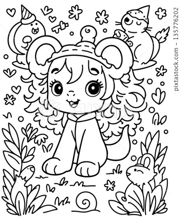 Fancy creature with fluffy hair in botanical garden coloring illustration for young artist 135776202