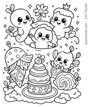 Enchanting coloring page with fantasy creatures babies and a magical cake Enchanting coloring page with fantasy creatures babies and a magical cake 135776204