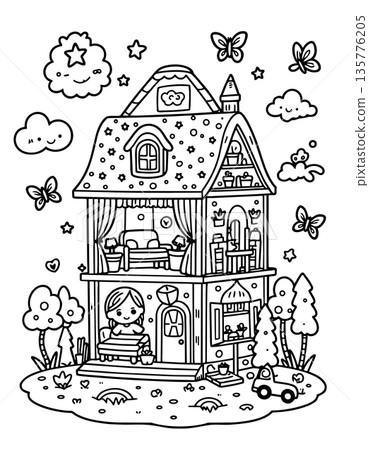 Detailed dollhouse with a girl inside, surrounded by trees, butterflies, and clouds 135776205