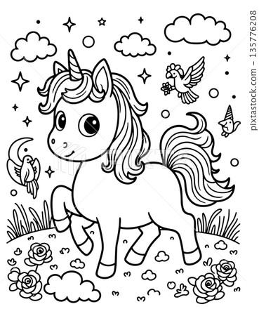 Cute unicorn standing in a field with flowers and birds under starry sky Cute unicorn standing in a field with flowers and birds under starry sky 135776208