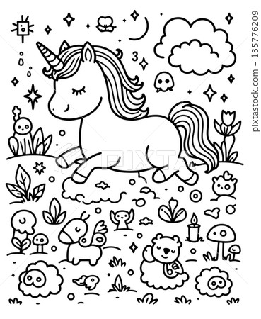 Cute unicorn galloping through a whimsical forest with playful creatures and stars Cute unicorn galloping through a whimsical forest with playful creatures and stars 135776209