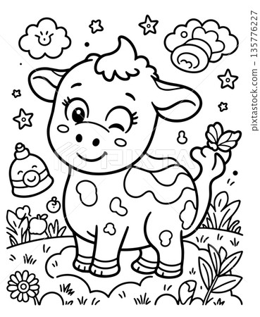 Cute cartoon cow winking with flowers and apple coloring page for kids Cute cartoon cow winking with flowers and apple coloring page for kids 135776227