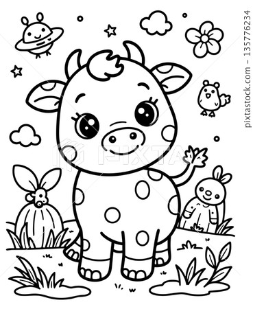 Cute baby cow coloring page cartoon farm animal standing on grass surrounded by little creatures 135776234