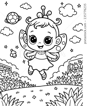 Cute baby bug fairy character with spotted wings floating above outdoor park or soccer field scene 135776235