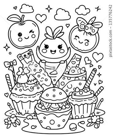 Coloring page with charming dessert characters apples cupcakes and ice creams 135776242