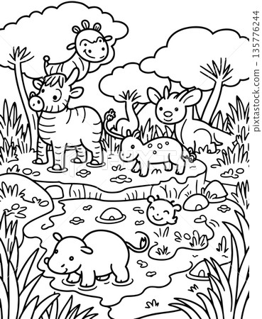 Coloring page showing various cute safari animals gathered by watering hole in jungle setting Coloring page showing various cute safari animals gathered by watering hole in jungle setting 135776244