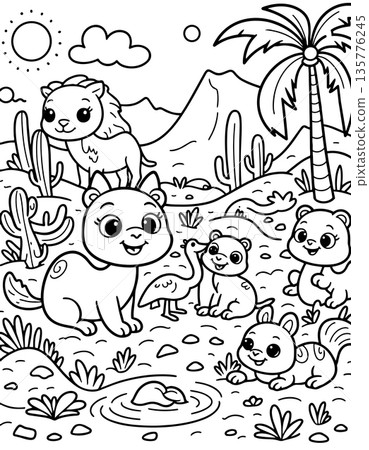 Coloring page of lion cubs ostrich and other small wild animals in arid desert landscape Coloring page of lion cubs ostrich and other small wild animals in arid desert landscape 135776245