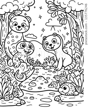 Coloring page of cheerful jungle cats and creatures resting by forest stream amidst lush foliage Coloring page of cheerful jungle cats and creatures resting by forest stream amidst lush foliage 135776246