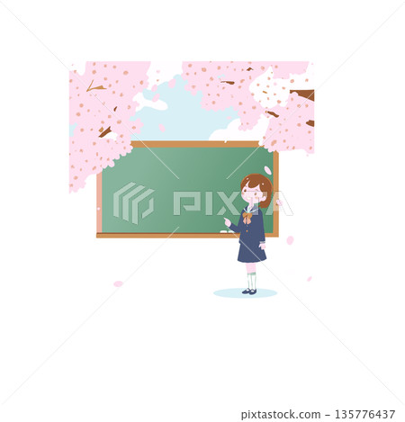 Cherry blossoms, a blackboard, and a high school girl 135776437