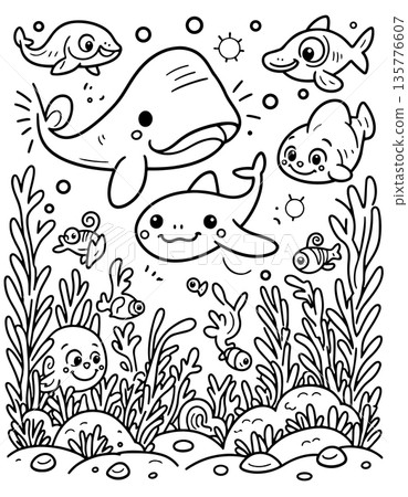 Charming whale and fish friends in vibrant underwater scene with seaweed Charming whale and fish friends in vibrant underwater scene with seaweed 135776607